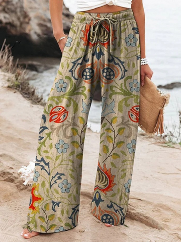 Elvayn | Women's Vintage Ethnic Floral Art Printed Casual Pants