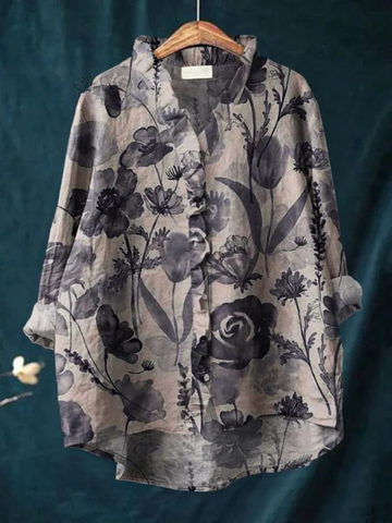 Elvayn | Women's Vintage Flower Art Print Casual Cotton And Linen Ruffle Shirt