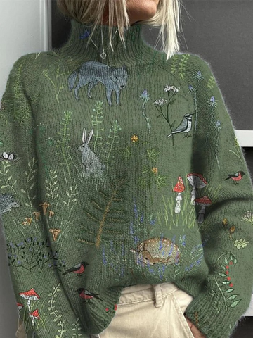 Elvayn | Woodland And Animal Pattern Printed Knit Turtleneck Pullover Sweater