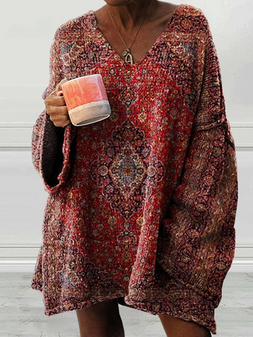 Elvayn | Women's Vintage Art Print Casual Pullover Sweater