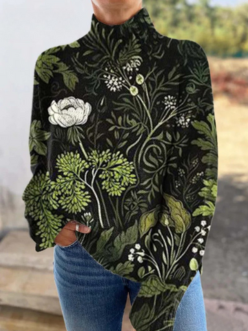 Elvayn | Women's Vintage Floral Botanical Art Print Knitted Turtleneck Sweater
