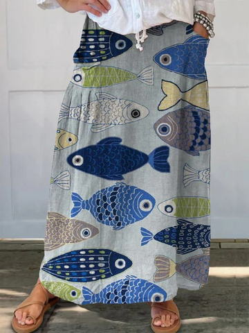 Elvayn |Women's Vintage Lovely Fish Art Print Linen Pocket Skirt