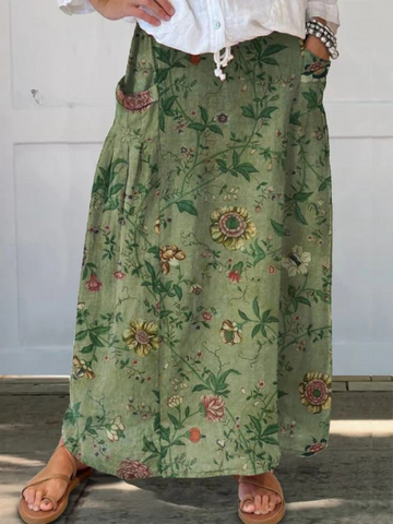 Elvayn | Women's Retro Art Print  Linen Pocket Skirt