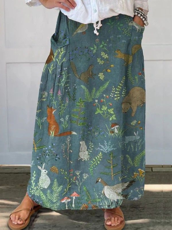 Elvayn | Women's Retro Floral Animals Art Casual Linen Pocket Skirt