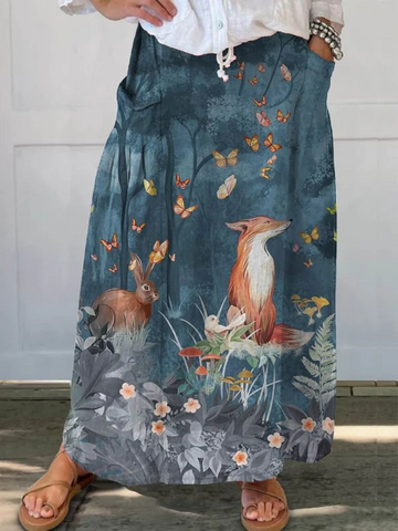 Elvayn | Women's Vintage Floral Animals Art Print Casual Linen Pocket Skirt
