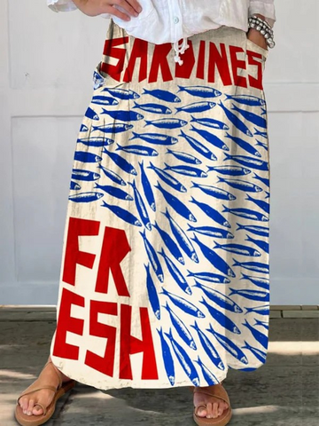 Elvayn | Women's Vintage Fish Sardines Art Print Linen Pocket Skirt