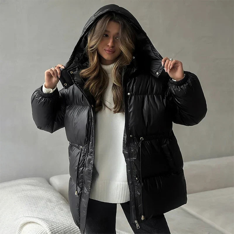 Elvayn | Winter Drawstring Shiny Puffer Jacket