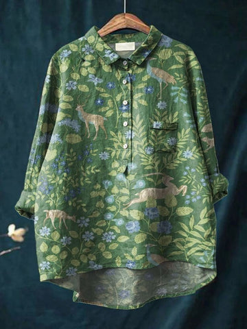 Elvayn | Women's Vintage Floral Animals Art Print Casual Linen Shirt