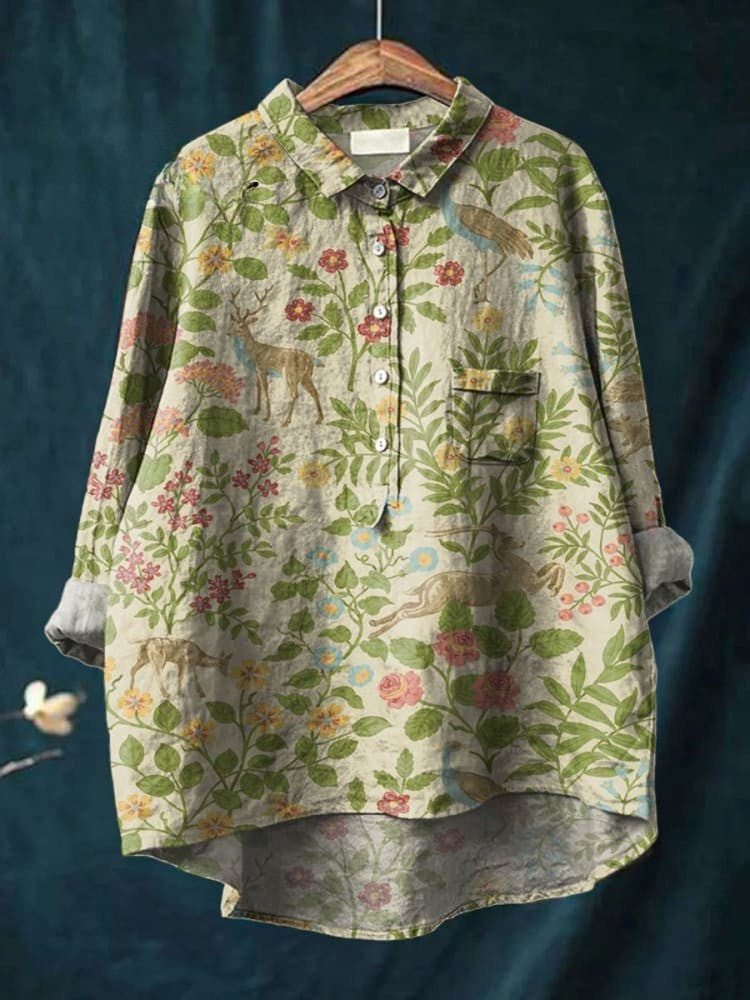 Elvayn | Women's Vintage Floral Animals Art Print Casual Linen Shirt