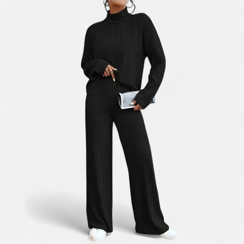 Elvayn | Women’s Ribbed Set – Mock Neck & Wide-Leg Elegance