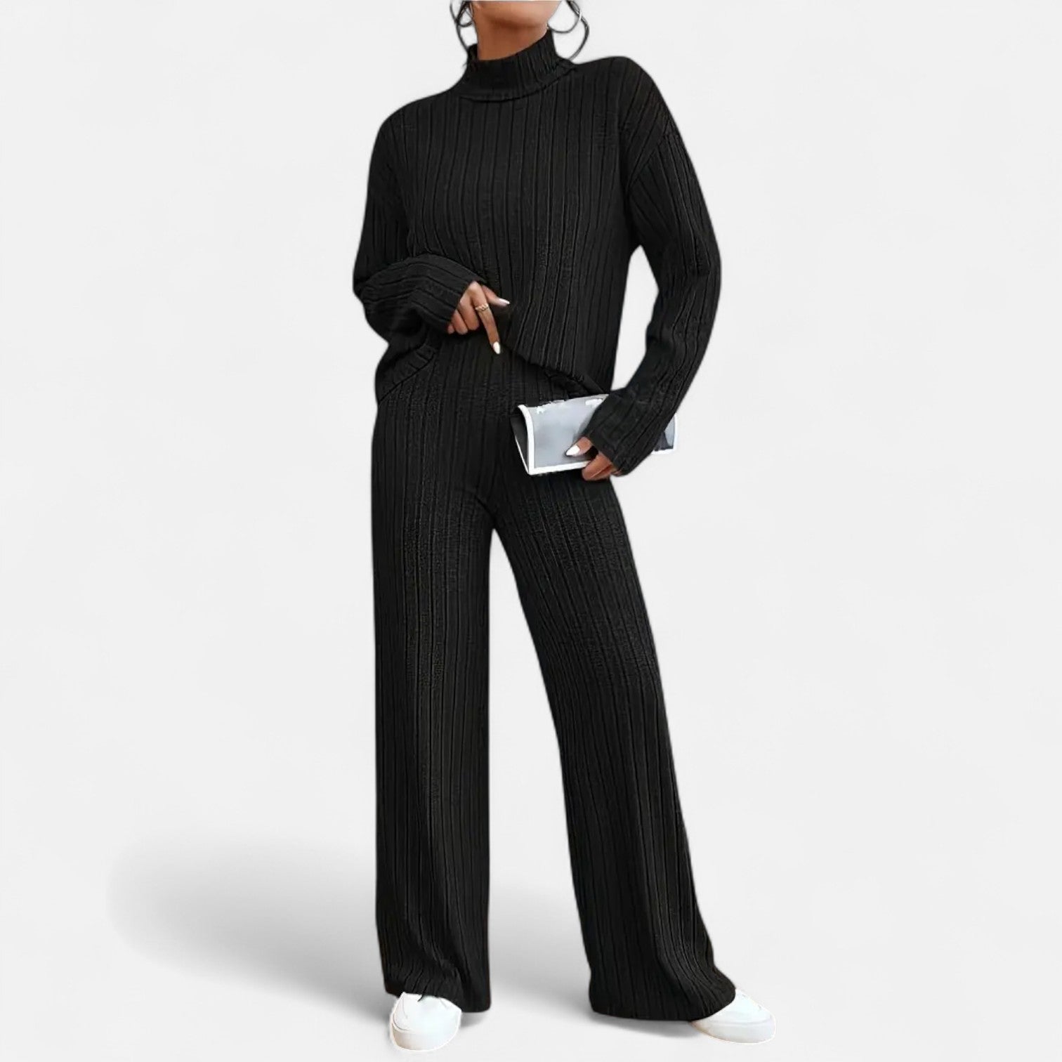 Elvayn | Women’s Ribbed Set – Mock Neck & Wide-Leg Elegance