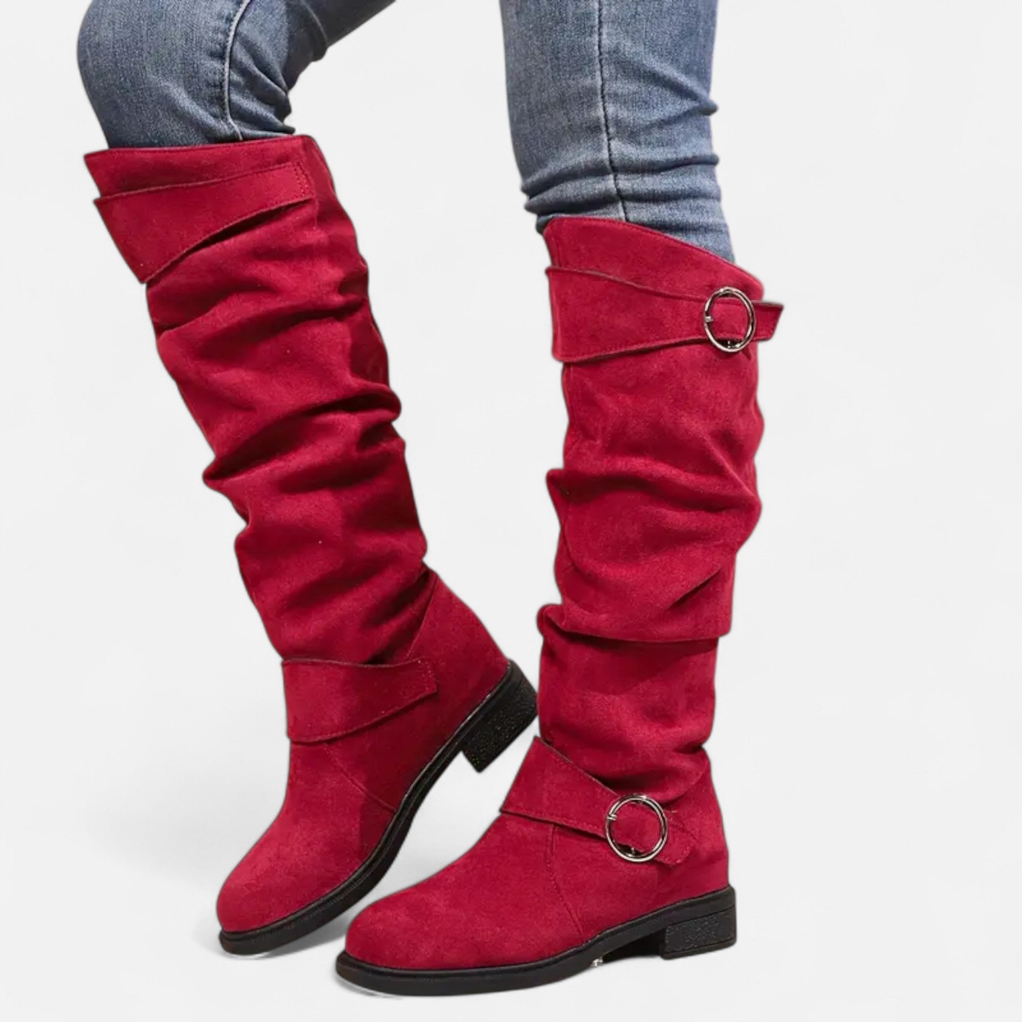 Elvayn | Women’s Knee-High Boots – Buckle Belt Elegance
