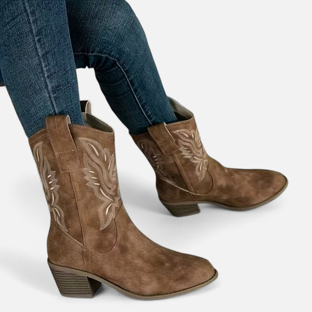 Elvayn | Women’s Suede Cowboy Boots – Vintage Chunky Heel