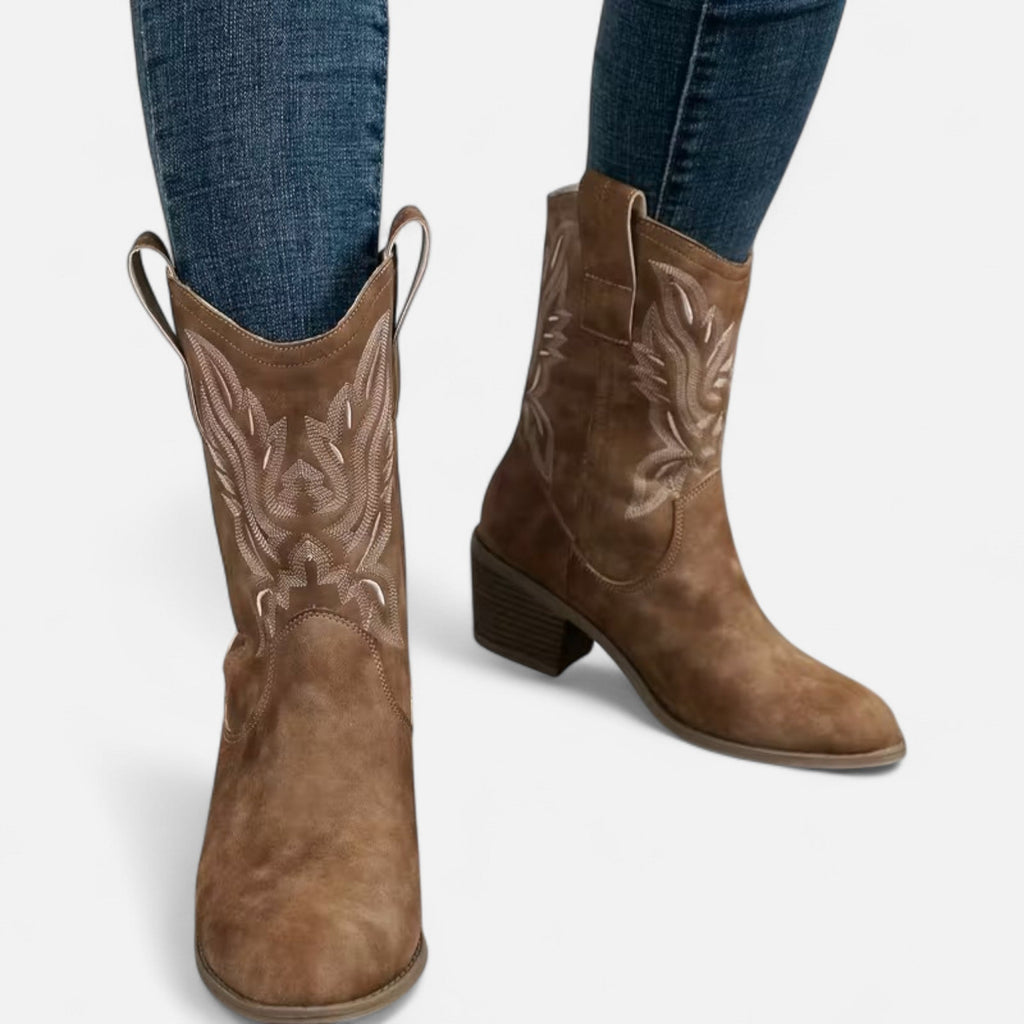 Elvayn | Women’s Suede Cowboy Boots – Vintage Chunky Heel