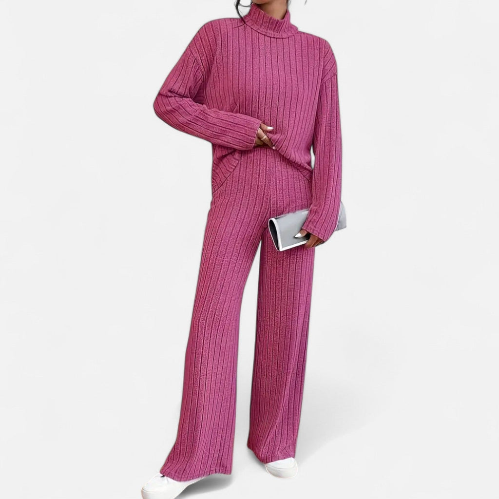 Elvayn | Women’s Ribbed Set – Mock Neck & Wide-Leg Elegance