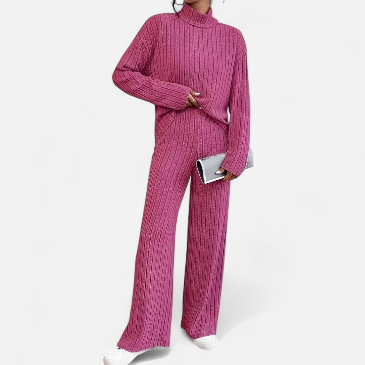 Elvayn | Women’s Ribbed Set – Mock Neck & Wide-Leg Elegance