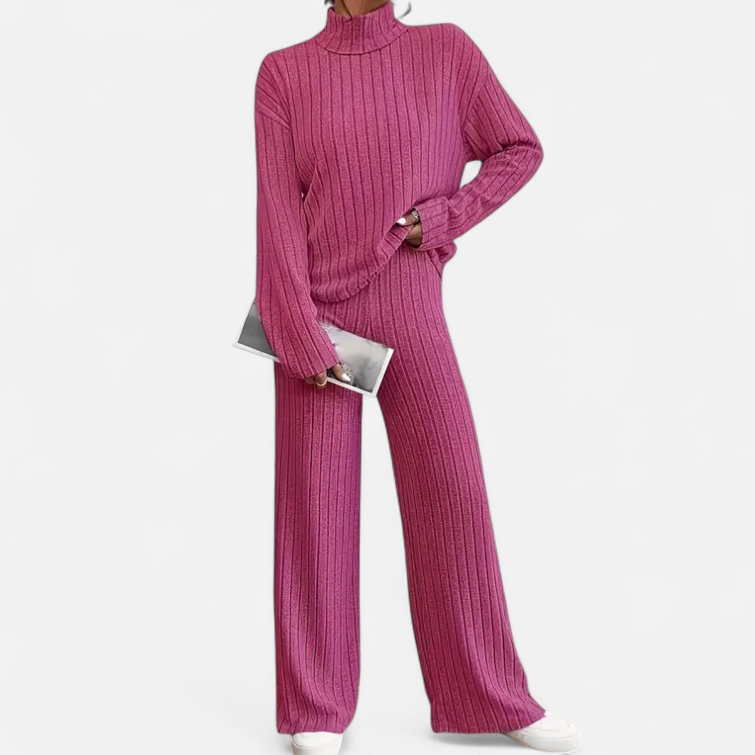 Elvayn | Women’s Ribbed Set – Mock Neck & Wide-Leg Elegance