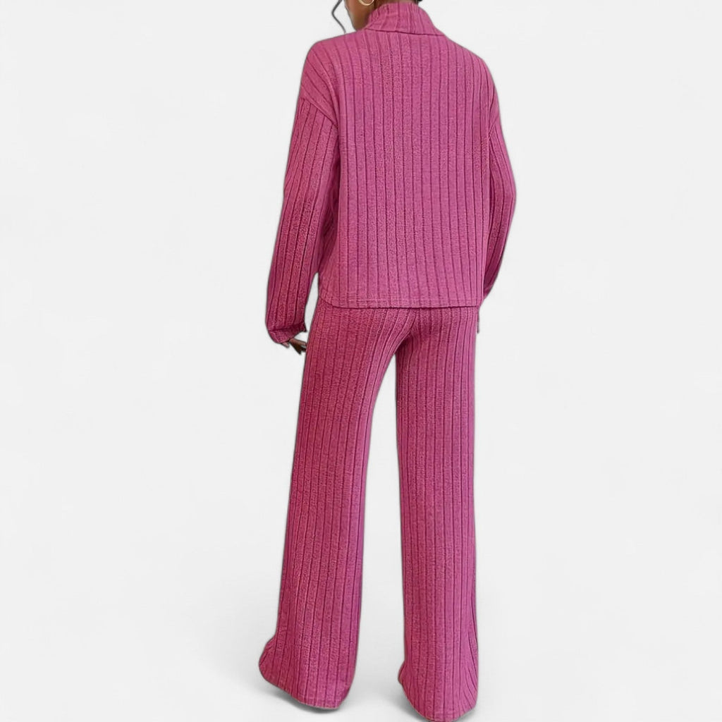 Elvayn | Women’s Ribbed Set – Mock Neck & Wide-Leg Elegance
