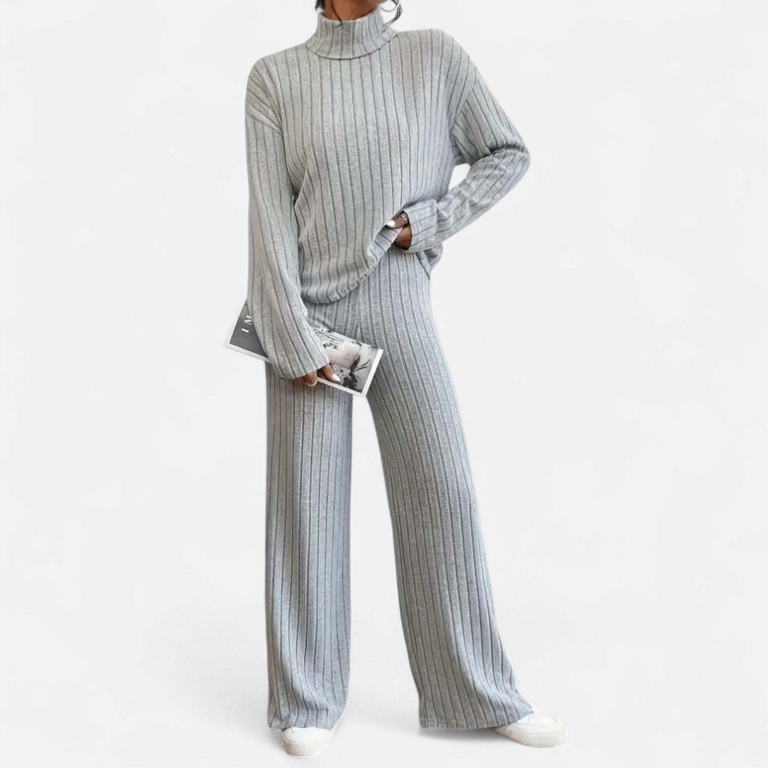 Elvayn | Women’s Ribbed Set – Mock Neck & Wide-Leg Elegance