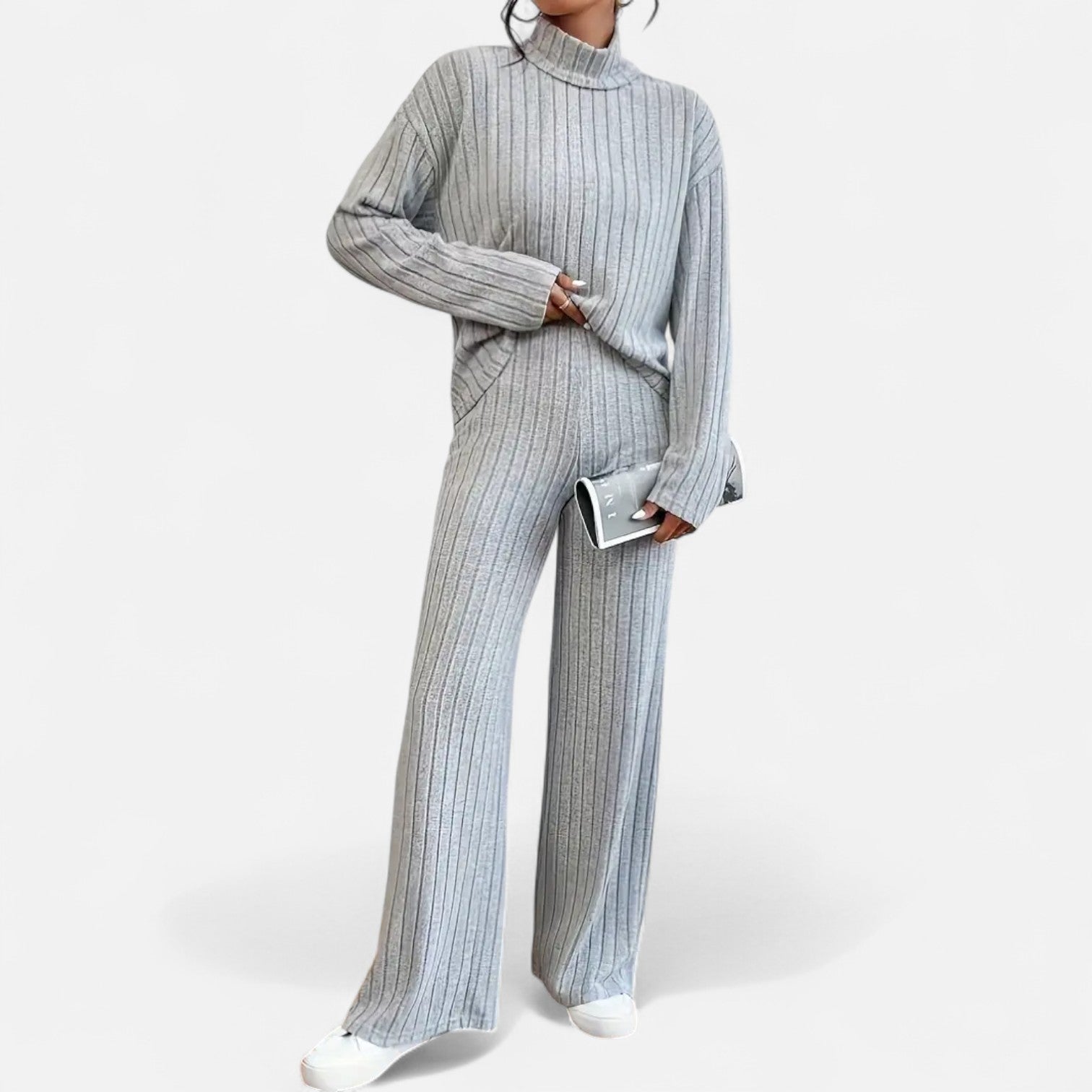 Elvayn | Women’s Ribbed Set – Mock Neck & Wide-Leg Elegance