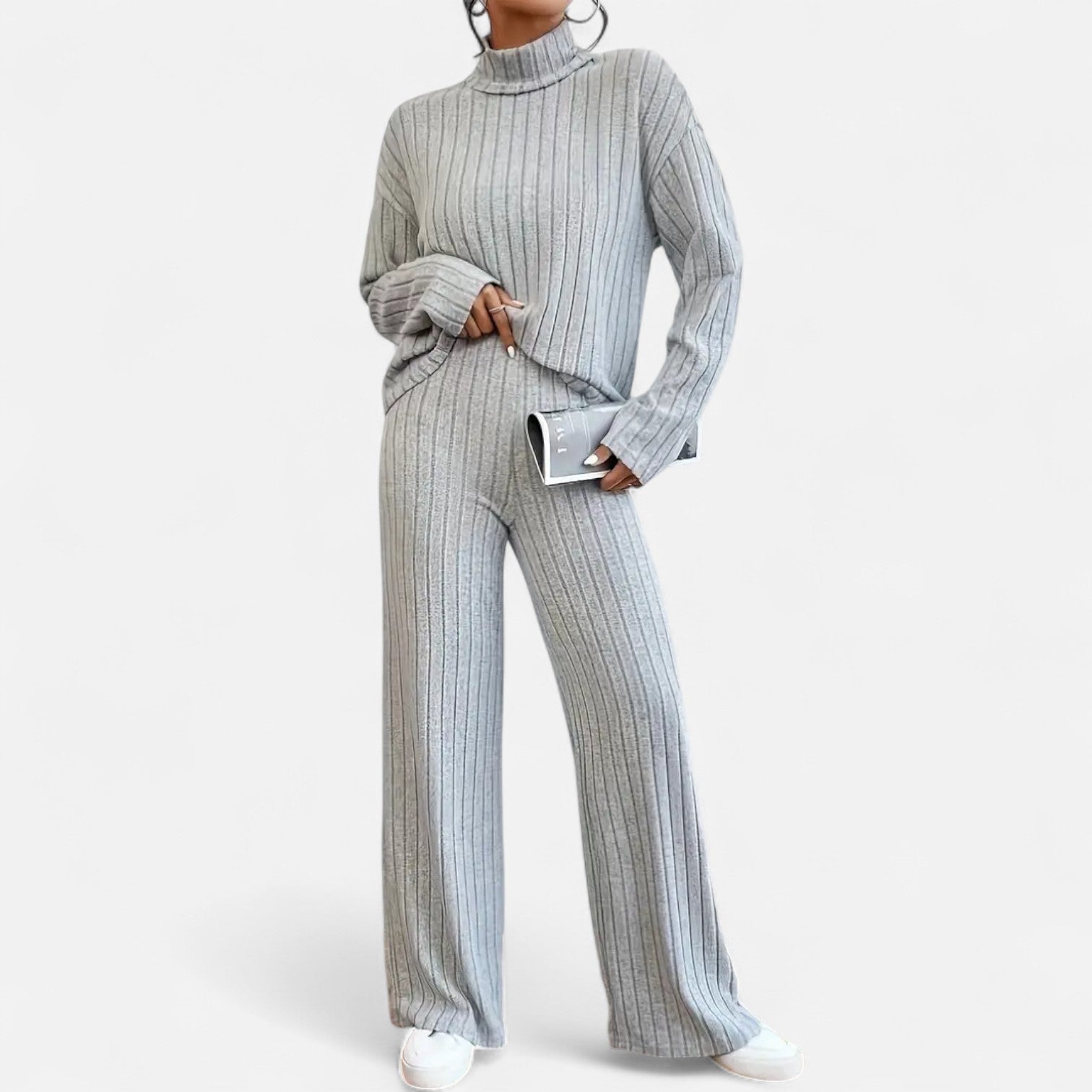 Elvayn | Women’s Ribbed Set – Mock Neck & Wide-Leg Elegance