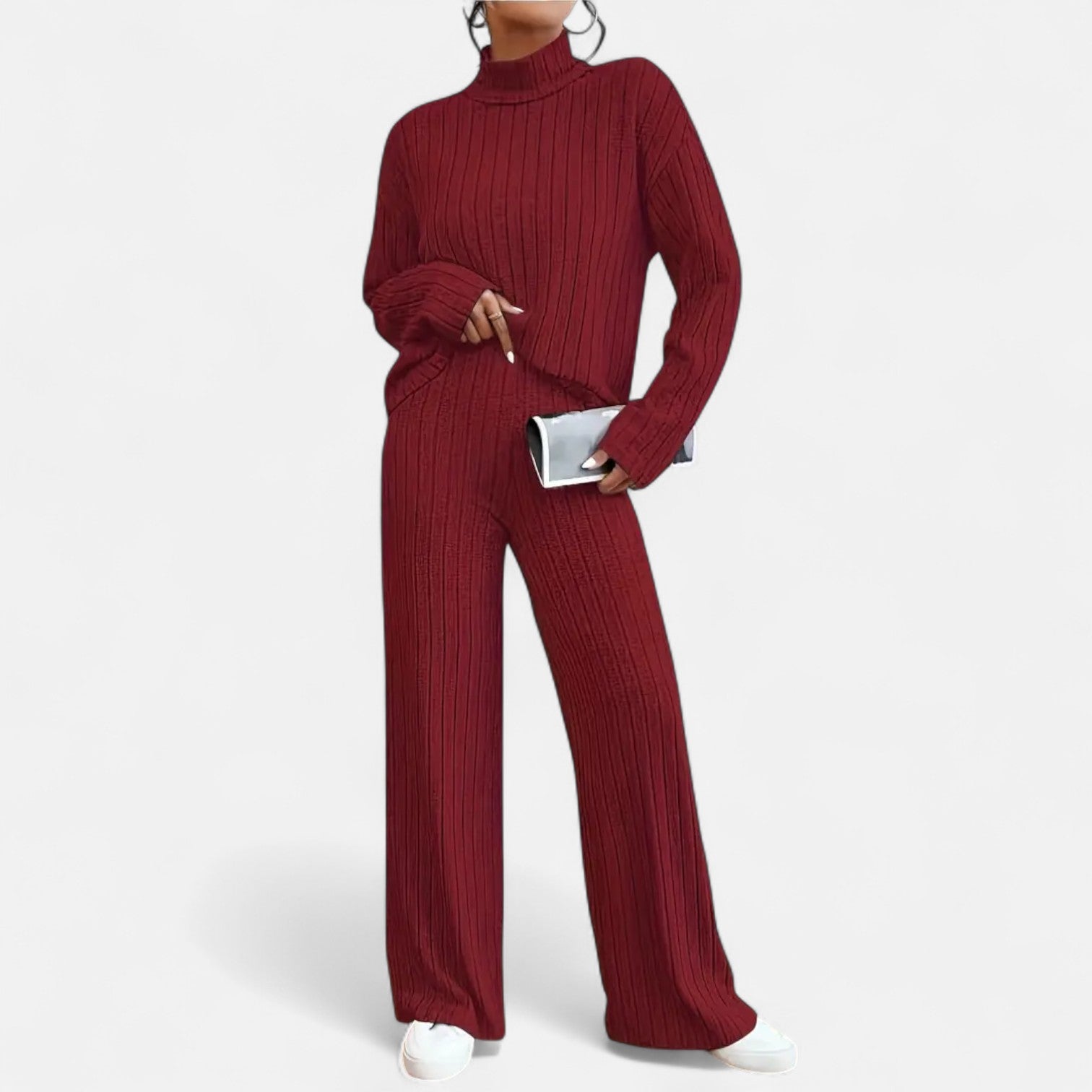 Elvayn | Women’s Ribbed Set – Mock Neck & Wide-Leg Elegance