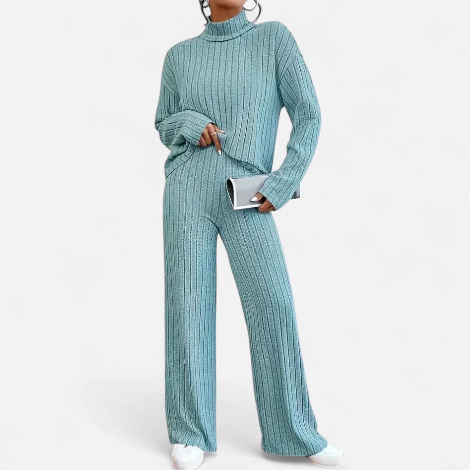Elvayn | Women’s Ribbed Set – Mock Neck & Wide-Leg Elegance