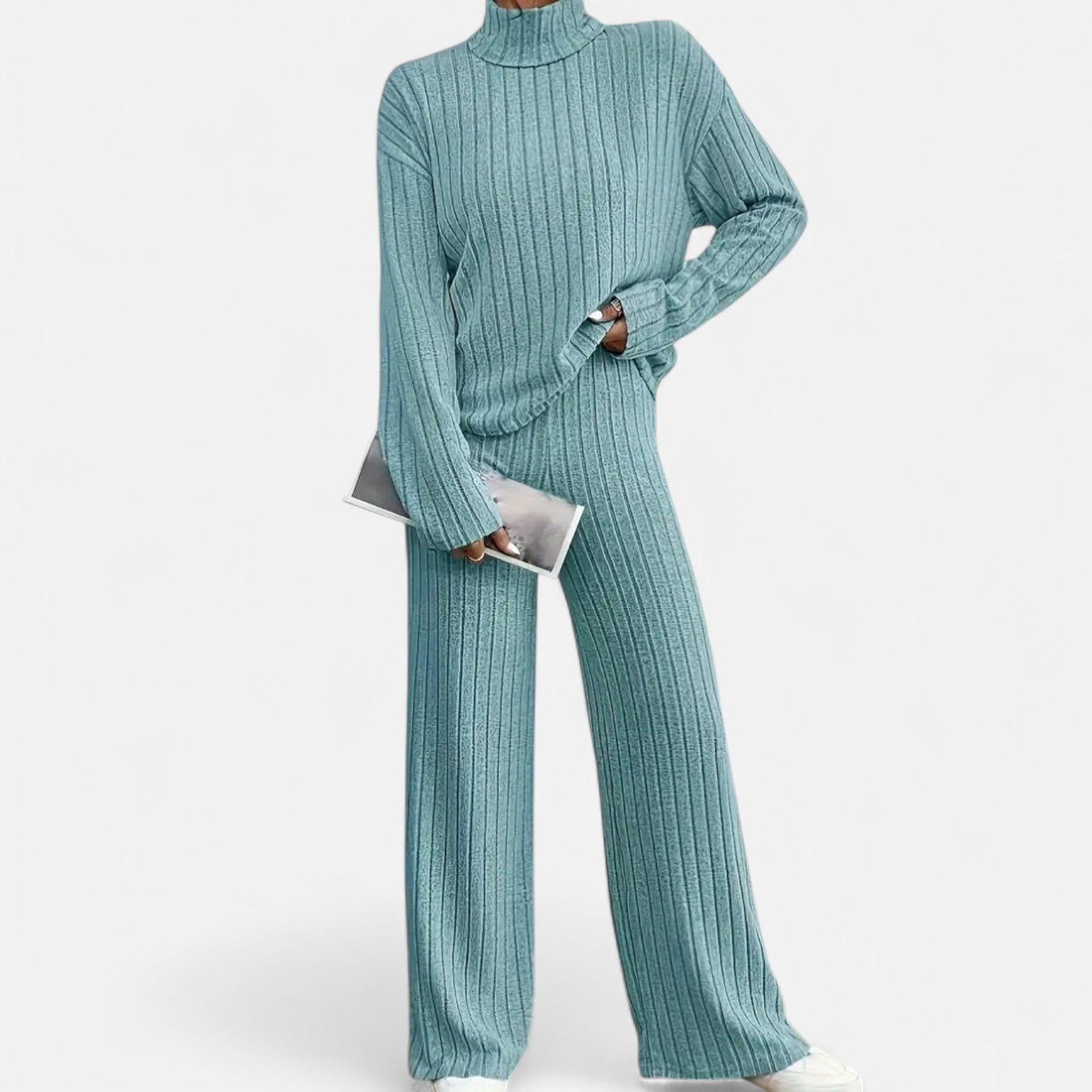 Elvayn | Women’s Ribbed Set – Mock Neck & Wide-Leg Elegance