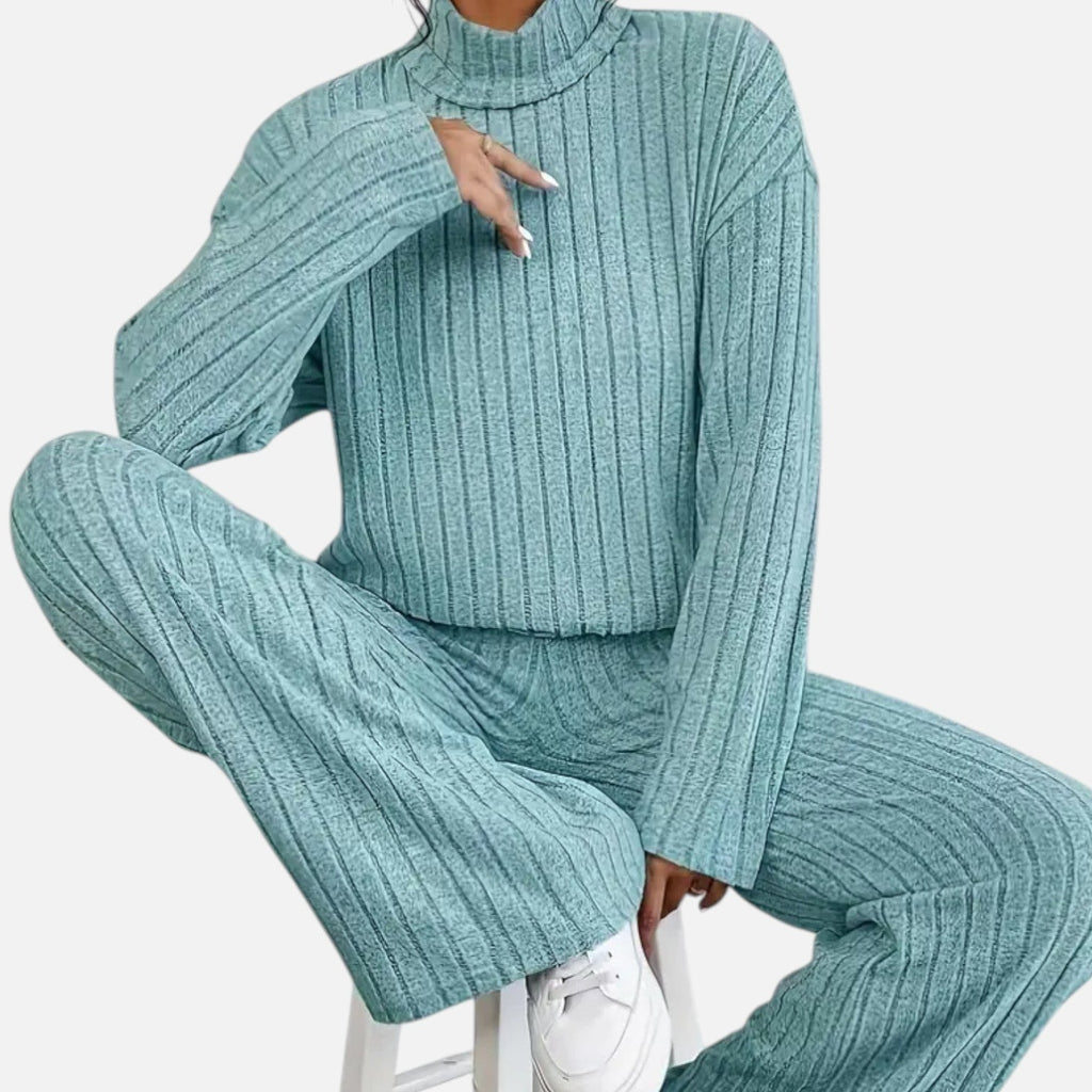 Elvayn | Women’s Ribbed Set – Mock Neck & Wide-Leg Elegance