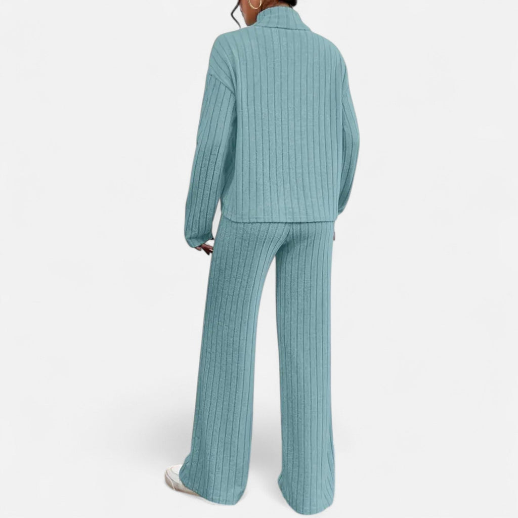 Elvayn | Women’s Ribbed Set – Mock Neck & Wide-Leg Elegance