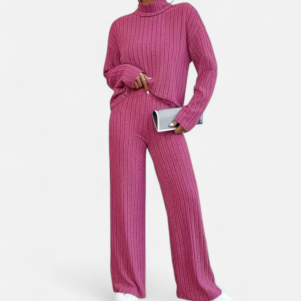 Elvayn | Women’s Ribbed Set – Mock Neck & Wide-Leg Elegance