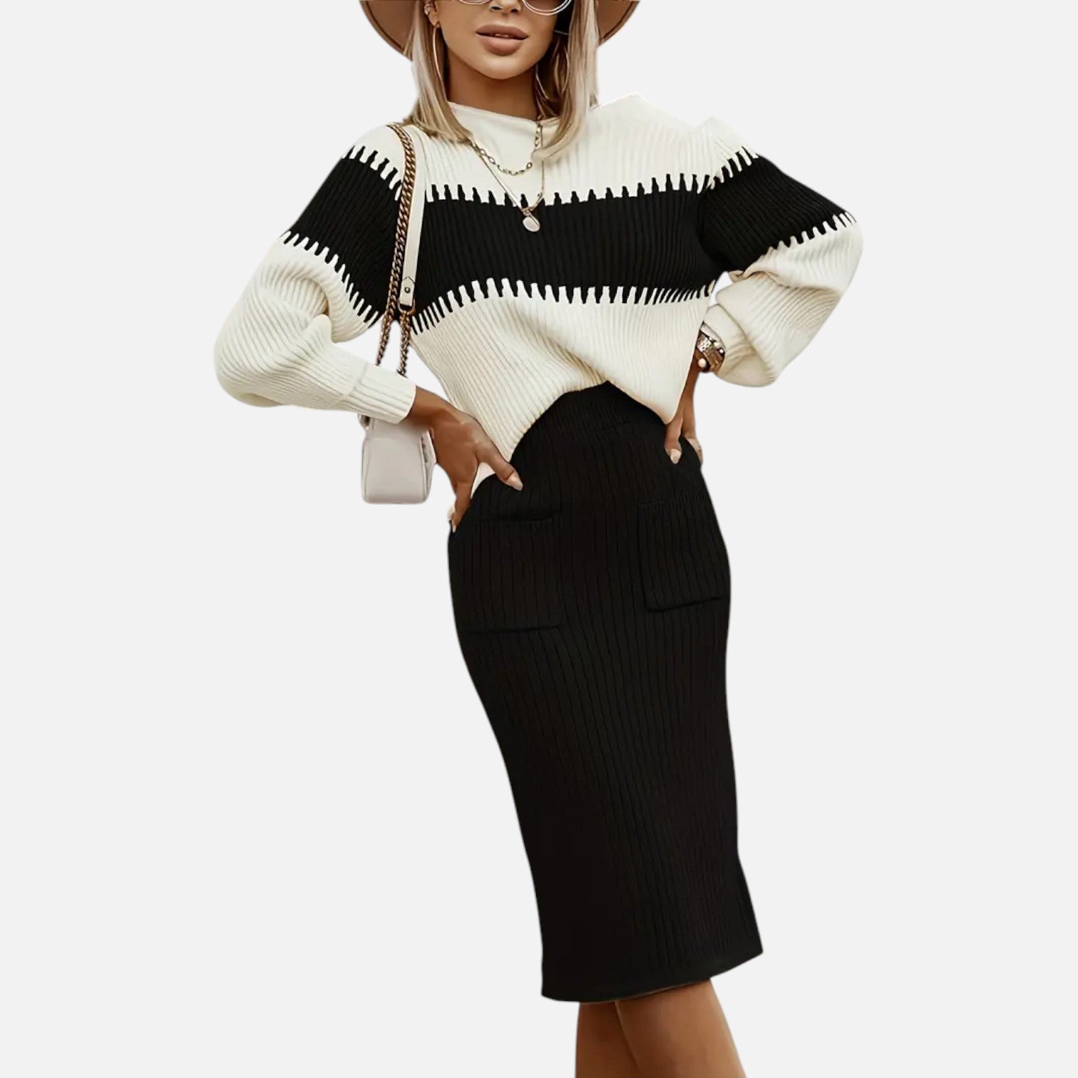 Elvayn | Women’s Knit Set – High-Neck Pullover & Midi Skirt