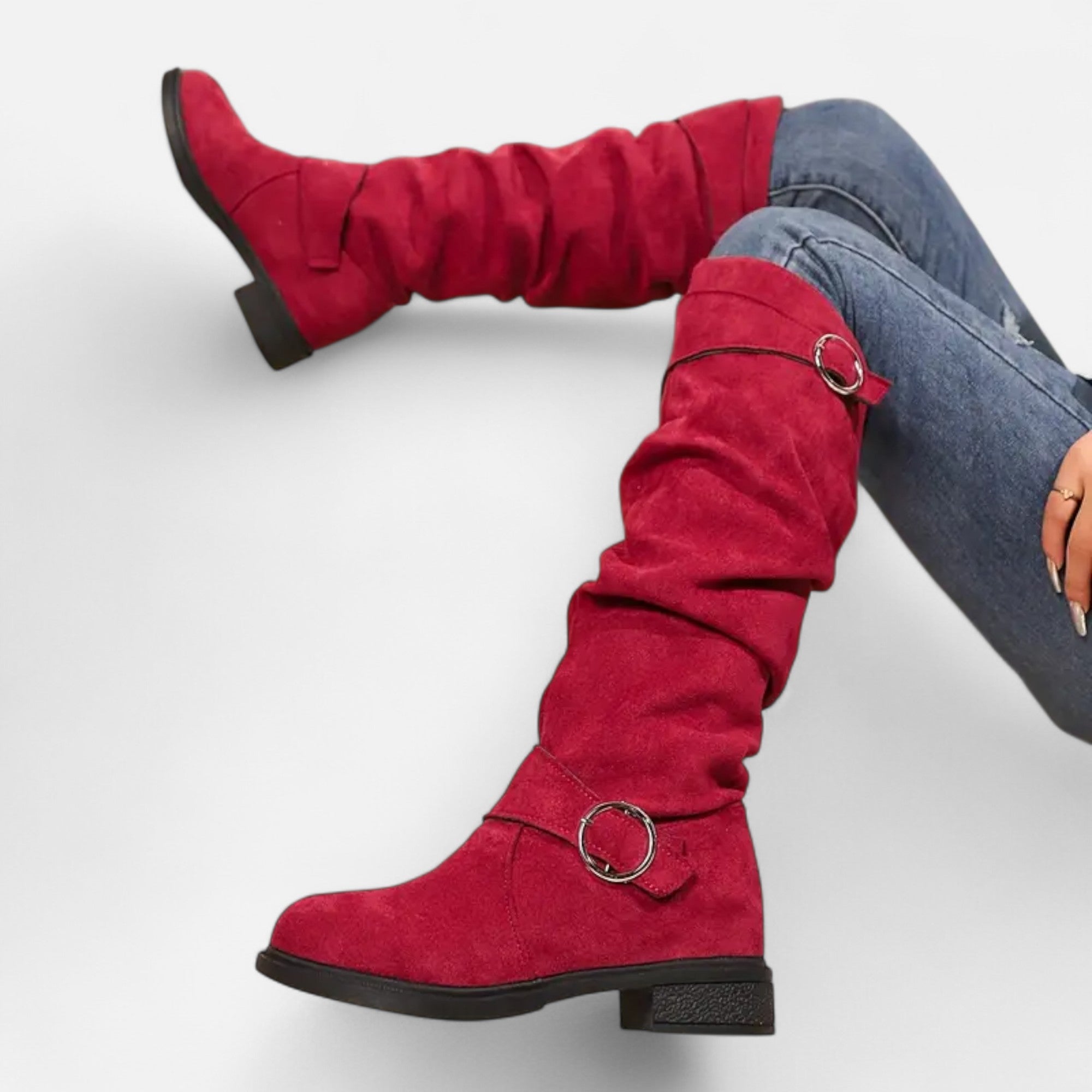 Elvayn | Women’s Knee-High Boots – Buckle Belt Elegance