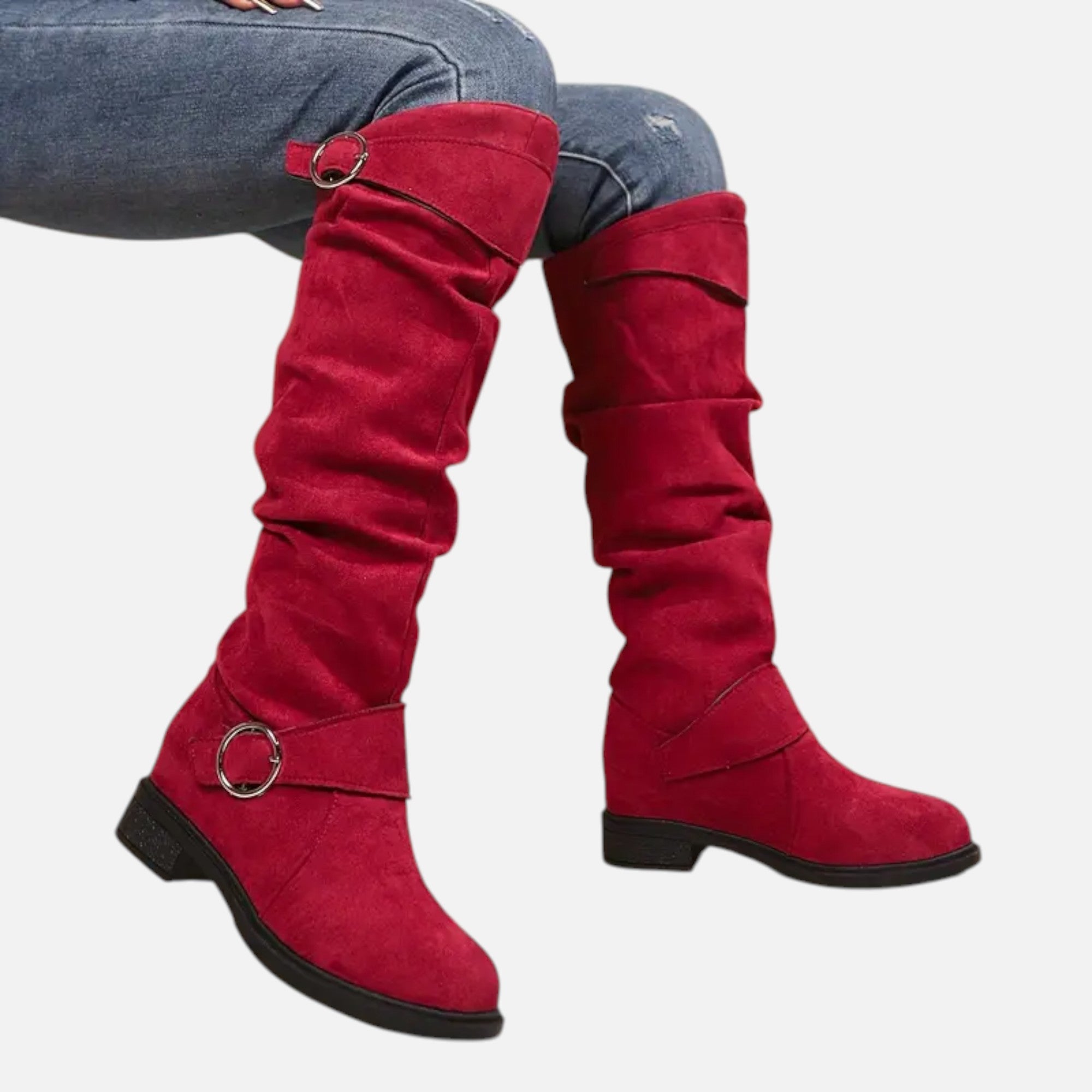Elvayn | Women’s Knee-High Boots – Buckle Belt Elegance