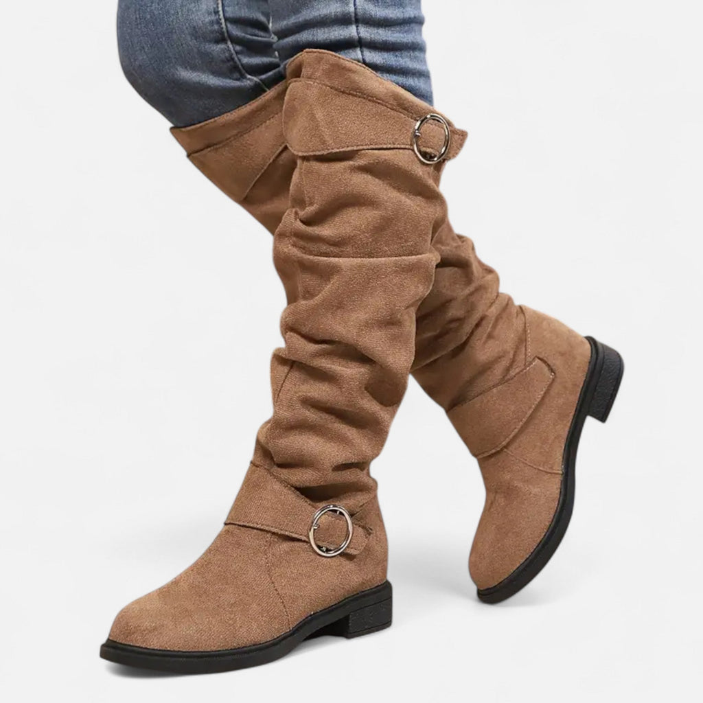 Elvayn | Women’s Knee-High Boots – Buckle Belt Elegance