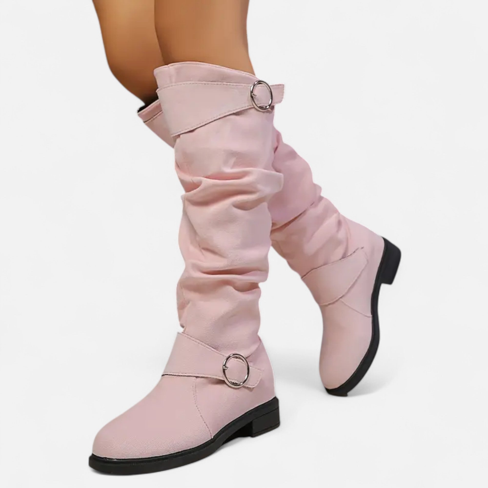 Elvayn | Women’s Knee-High Boots – Buckle Belt Elegance