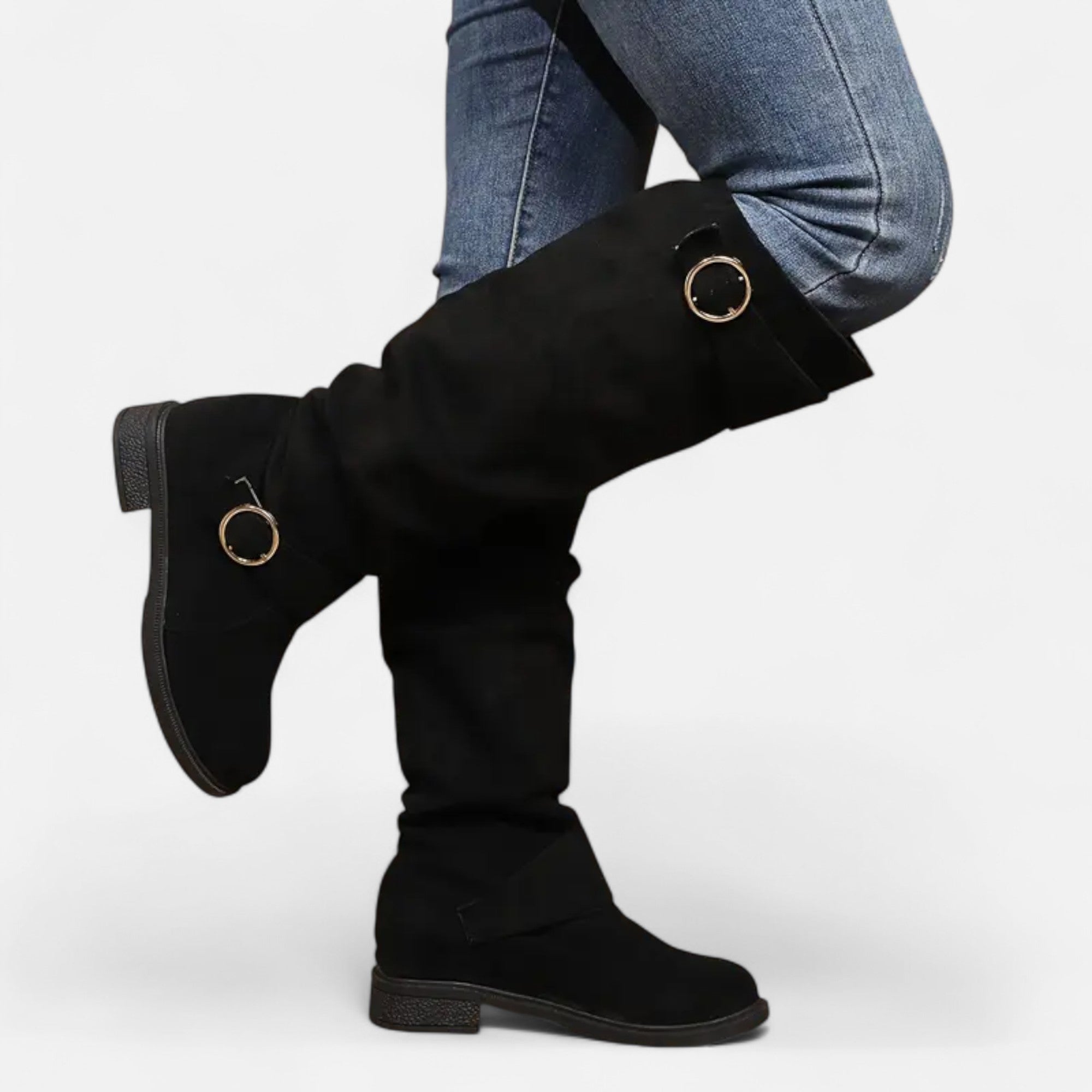 Elvayn | Women’s Knee-High Boots – Buckle Belt Elegance