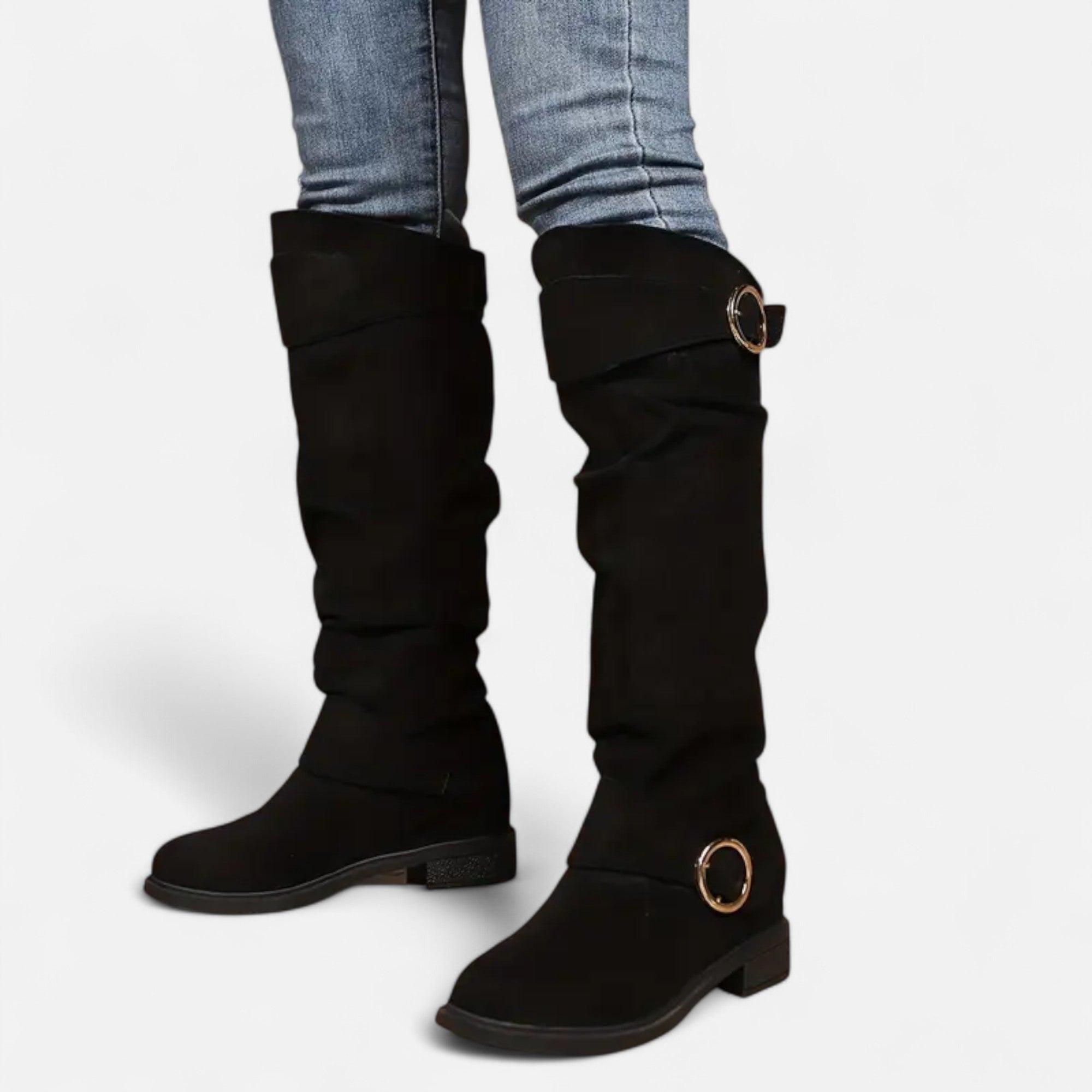 Elvayn | Women’s Knee-High Boots – Buckle Belt Elegance