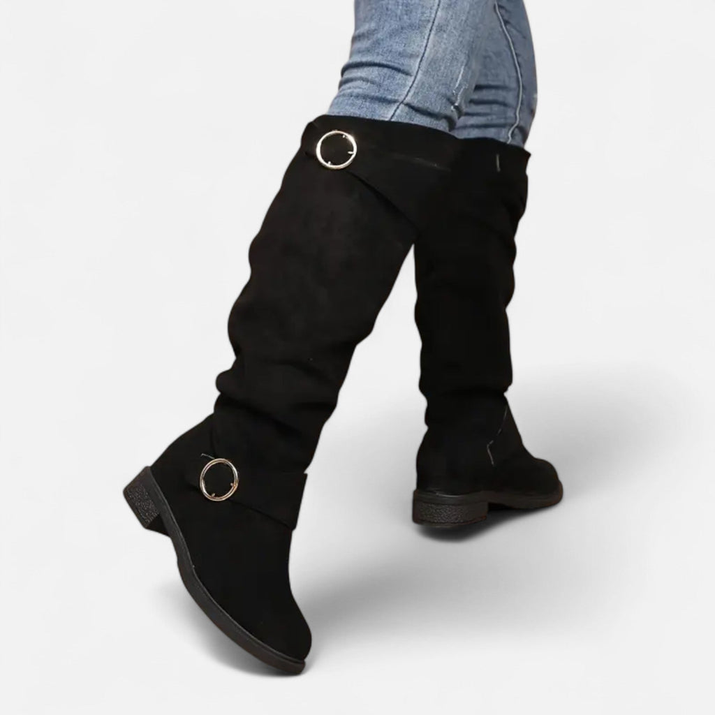 Elvayn | Women’s Knee-High Boots – Buckle Belt Elegance