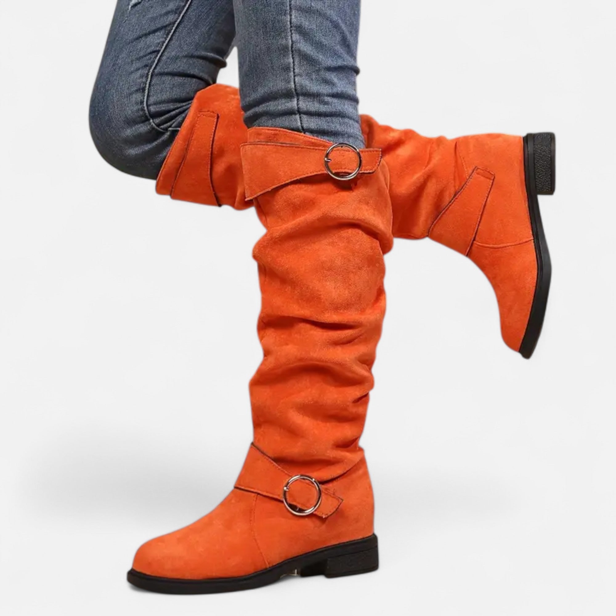 Elvayn | Women’s Knee-High Boots – Buckle Belt Elegance