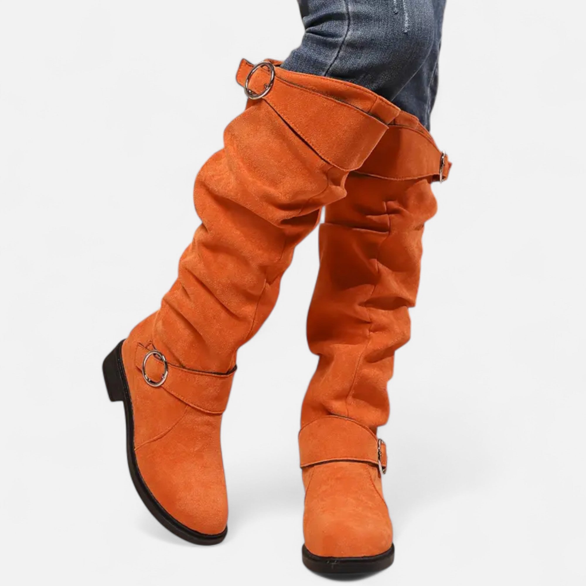 Elvayn | Women’s Knee-High Boots – Buckle Belt Elegance