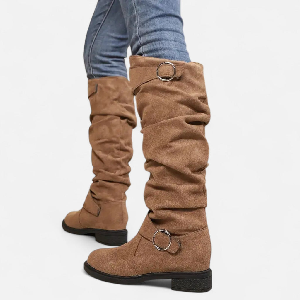 Elvayn | Women’s Knee-High Boots – Buckle Belt Elegance