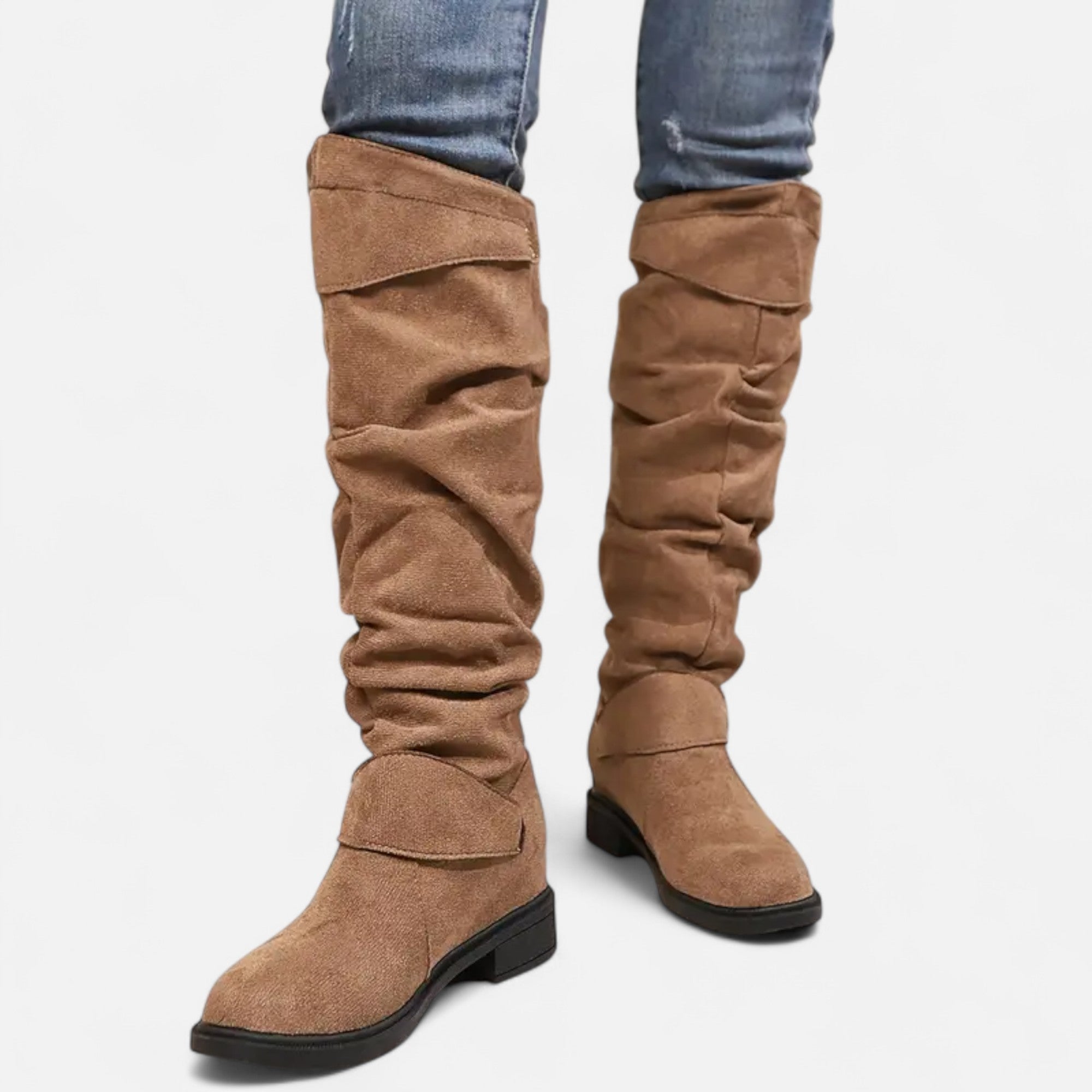 Elvayn | Women’s Knee-High Boots – Buckle Belt Elegance