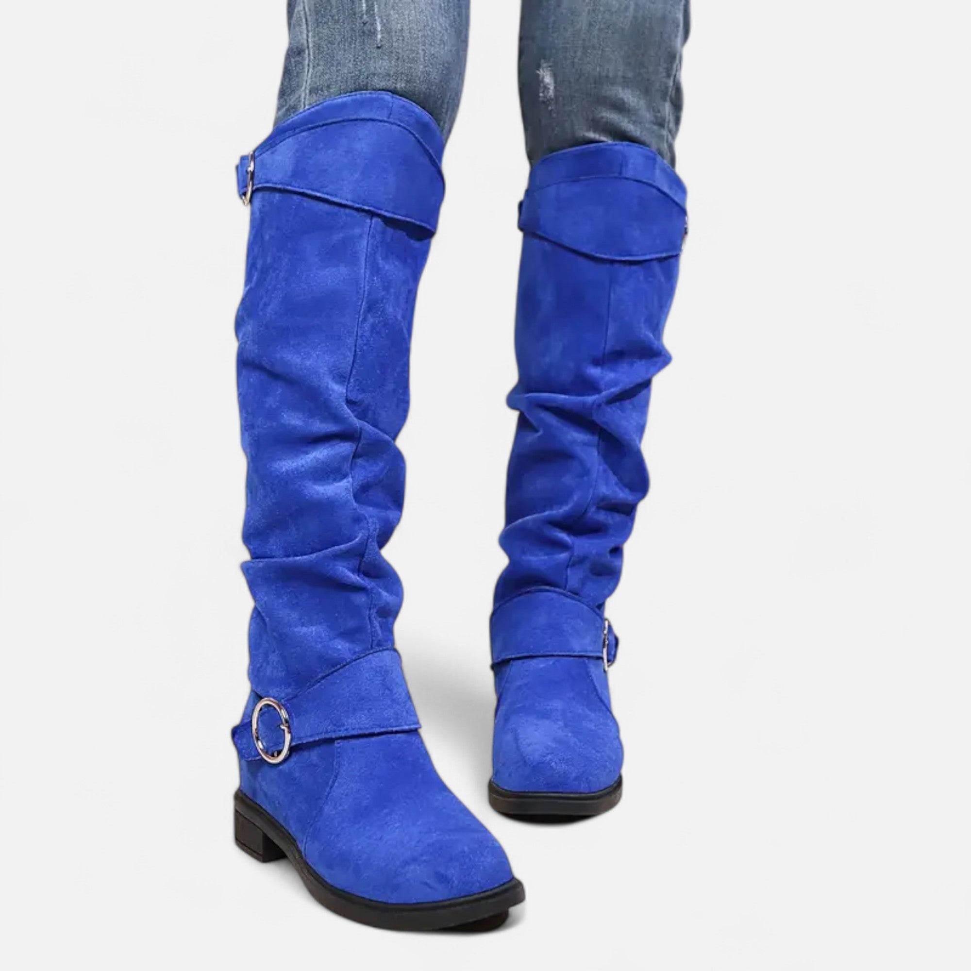 Elvayn | Women’s Knee-High Boots – Buckle Belt Elegance