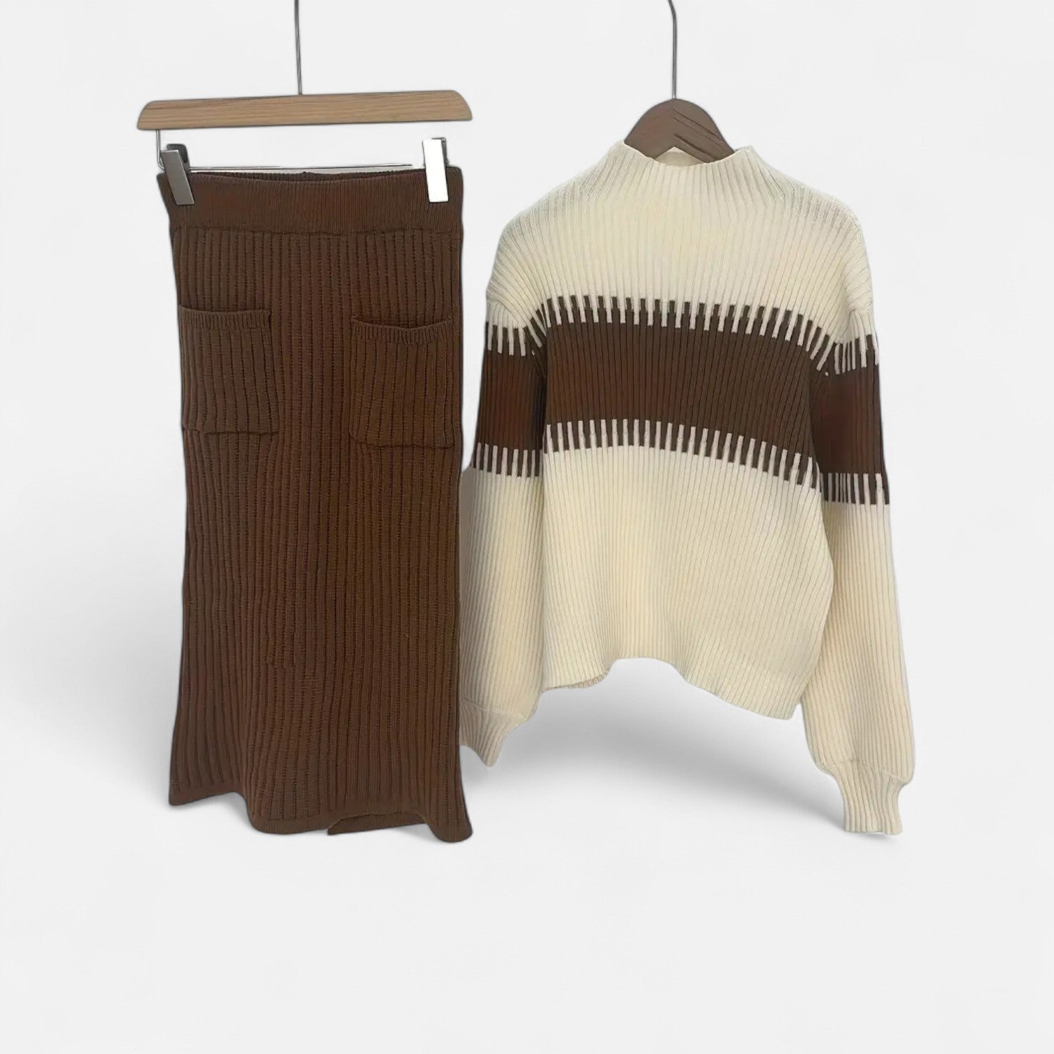 Elvayn | Women’s Knit Set – High-Neck Pullover & Midi Skirt