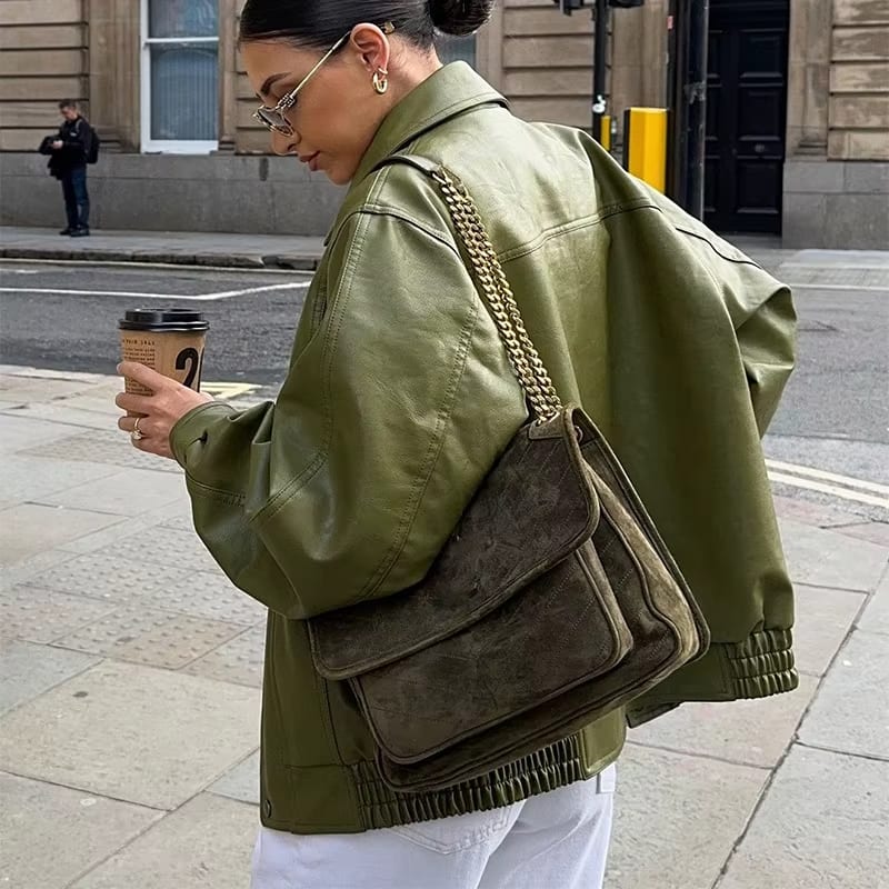 Elvayn | Women’s Relaxed Fit Oversized Leather Bomber Jacket