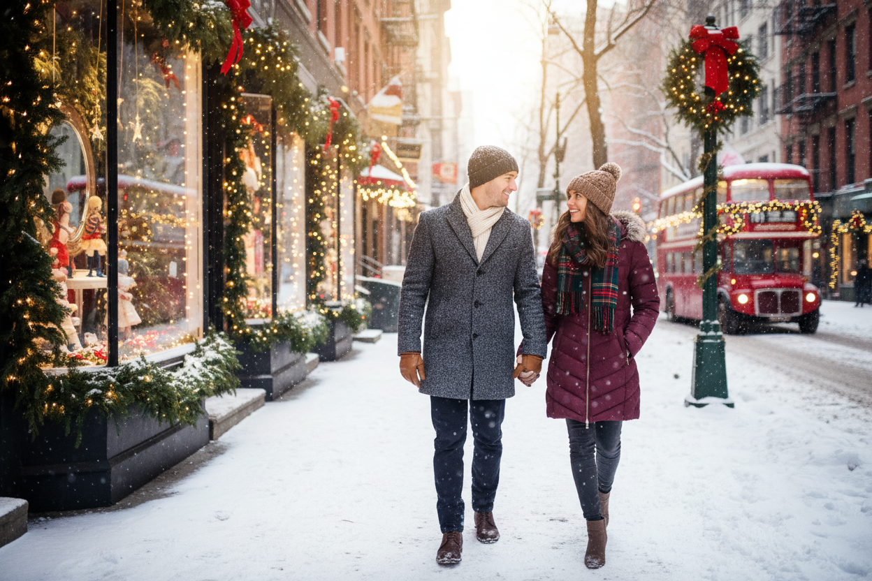 Men woman shopping hands in hands in a winterish vibe in NYC